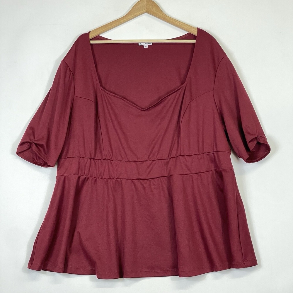 Kiyonna Top Women 4 4X Burgundy Stretch Knit Classy Curvy Business Casual Shirt